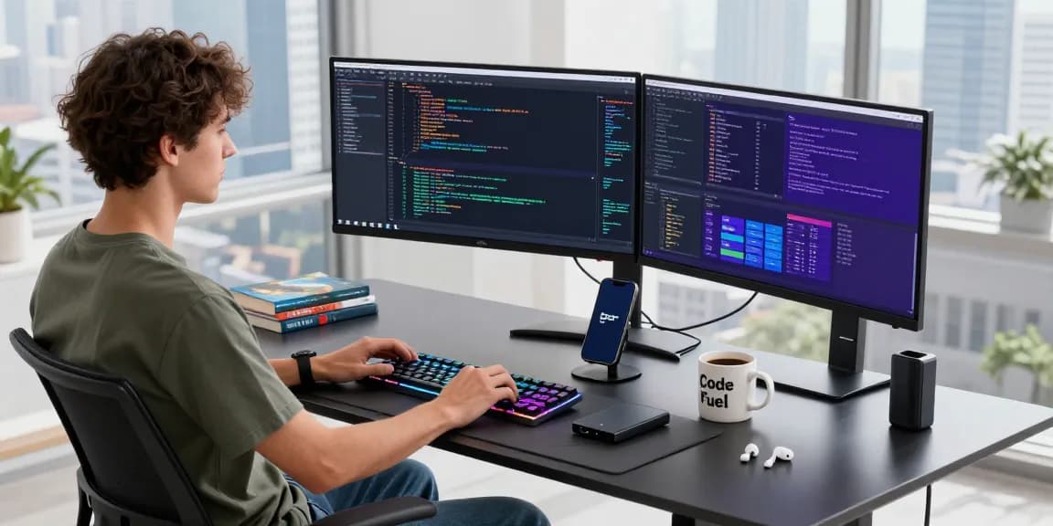 Young developer at telegraimin.com workspace coding seamlessly on multiple monitors in a bright tech office.