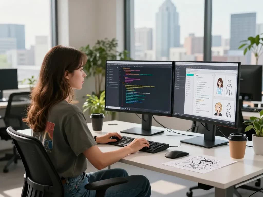 Developer coding ai gf character in a modern workspace
