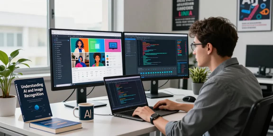 AI image checker interface displaying vibrant data analysis results in a modern office.