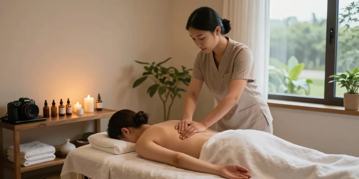 스웨디시 마사지 테라피를 받는 고객의 편안한 모습과 아로마 오일, 식물 배치로 편안한 분위기를 연출한 마사지 스튜디오의 장면.