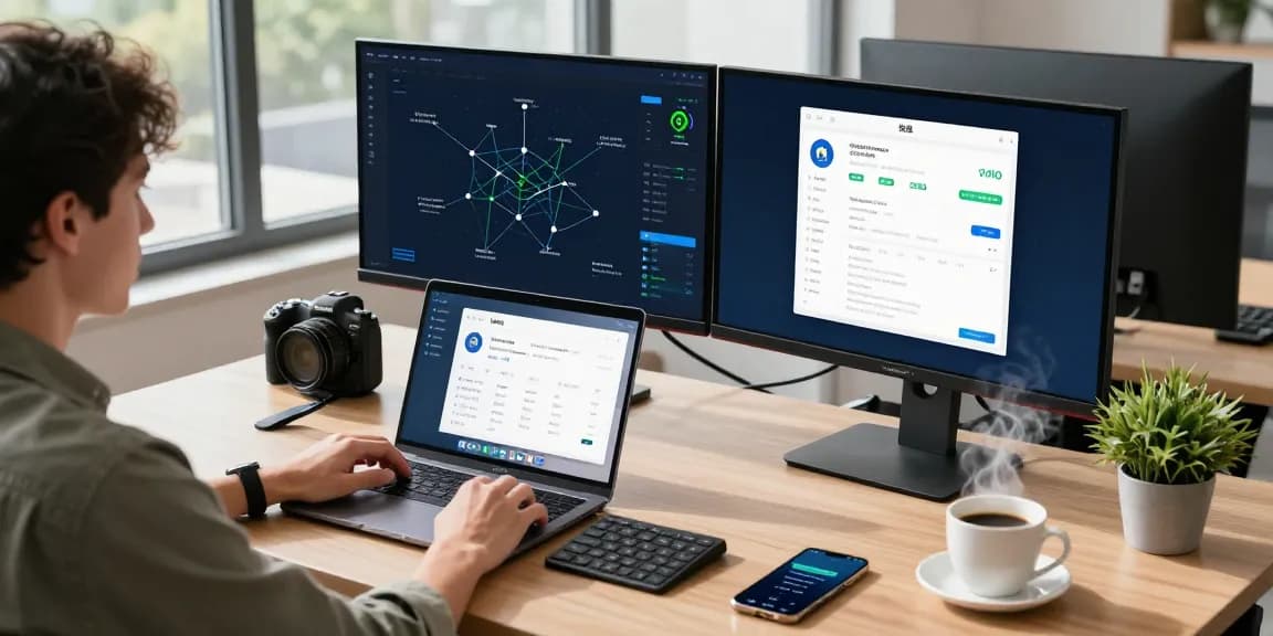 快连 application setup scene in a modern tech workspace, featuring laptop and monitors displaying connection details and a vibrant office atmosphere.