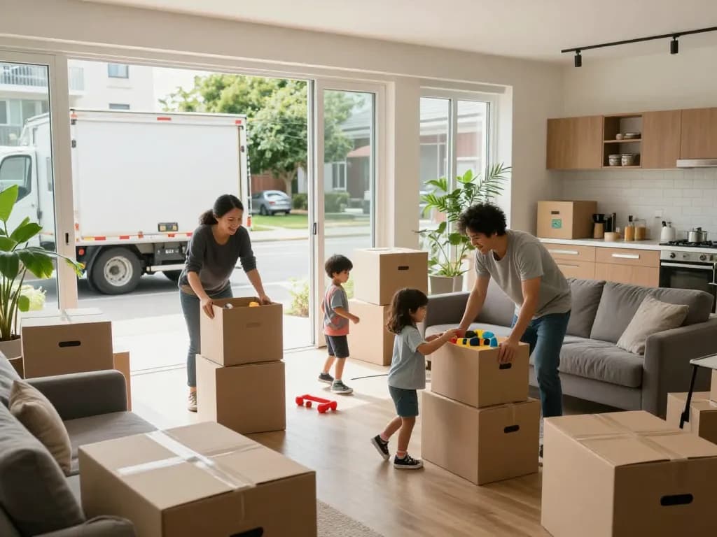 Familie bereitet sich mit Umzugsunternehmen Hannover auf ihren Umzug vor, Kartons in einem hellen Wohnzimmer organisiert.