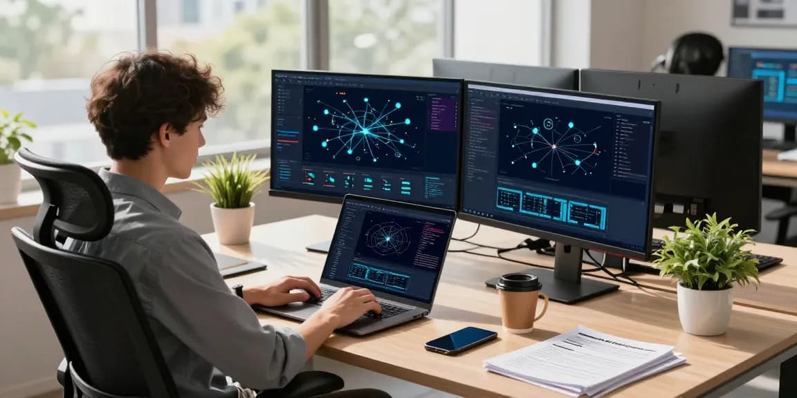 快连 network optimization showcased in a modern tech workspace with coding setup and vibrant displays