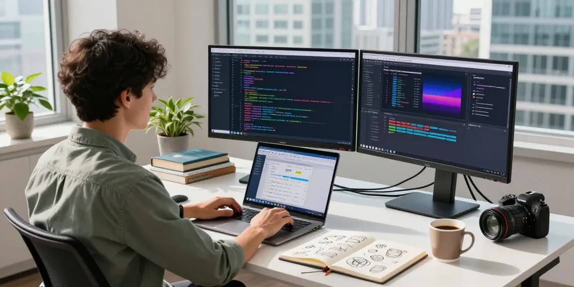 WPS Download on a developer's workspace with vibrant code and design applications.