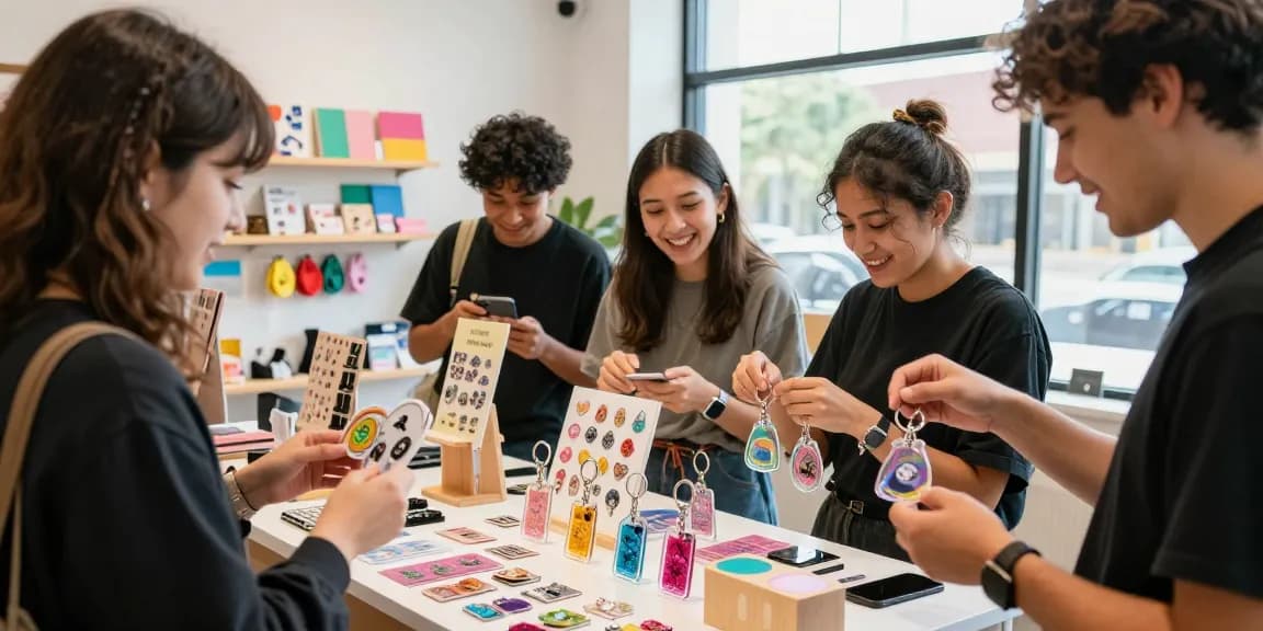 Custom keychains displayed vibrantly in an engaging shopping scene with diverse young adults, showcasing creativity and personalisation.