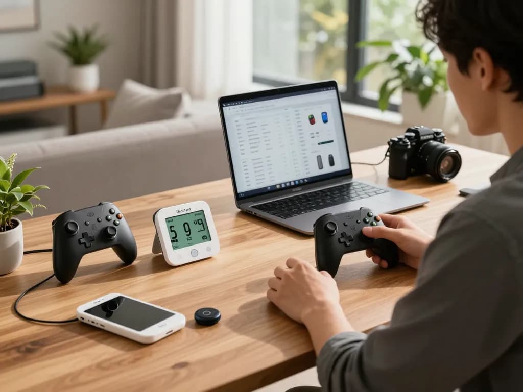 Discover cool tech gadgets under $101, including Bluetooth devices for gaming and cooking, displayed in a vibrant home office.