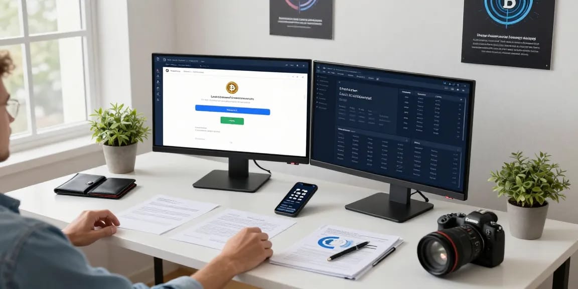 Recover lost crypto with a professional reviewing blockchain analytics in a modern workspace.