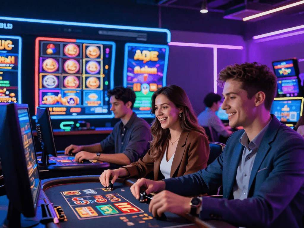 Scena di casinò online con giocatori entusiasti e giochi vari, suggerendo i migliori casino non AAMS.