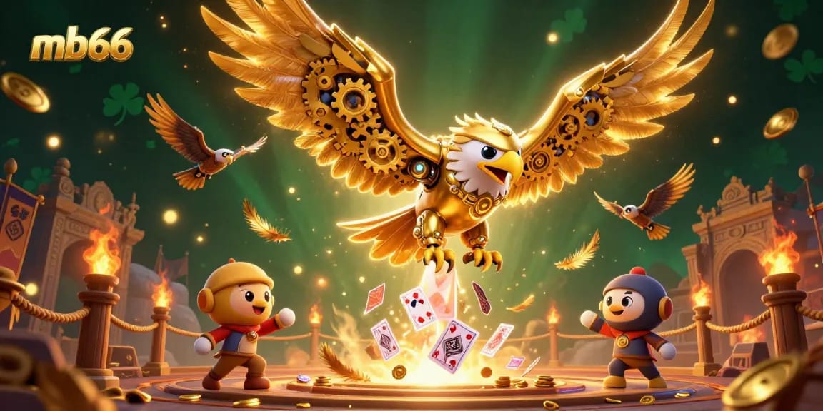 Engage with thrilling mb66 casino adventures featuring a golden eagle and holographic playing cards.