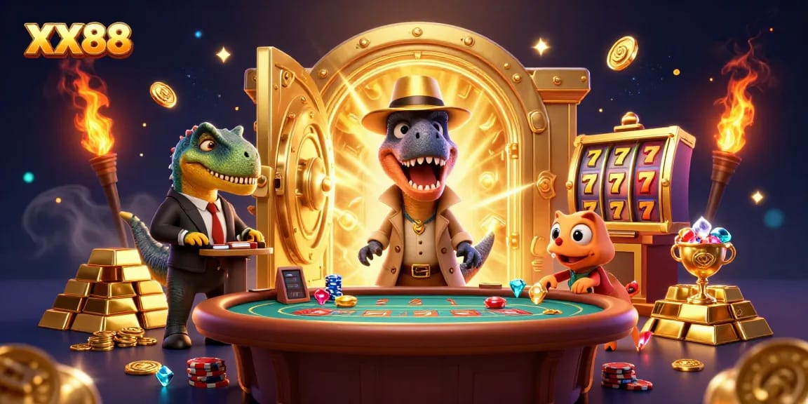 Bet on XX88 with a 3D velociraptor card counter at a dynamic casino scene with treasures.