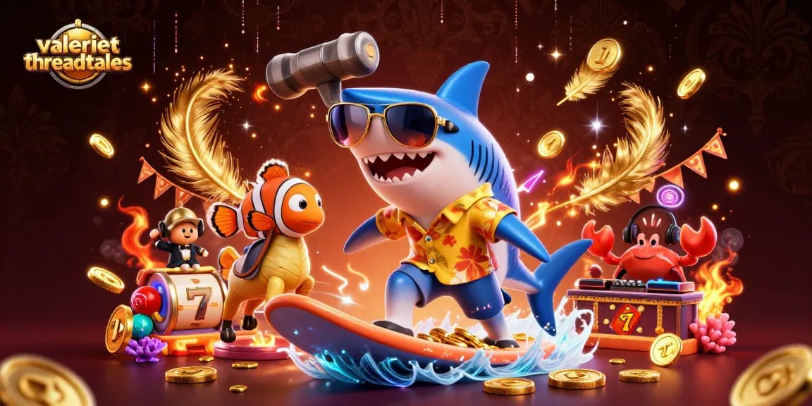 Experience thrilling wins with valeriesthreadtales, featuring a shark surfing on gold coins and lively casino elements.