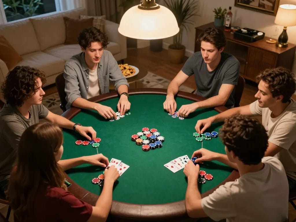 Friends enjoying a competitive poker game at home, emphasizing the engaging atmosphere of nhà cái sc88.