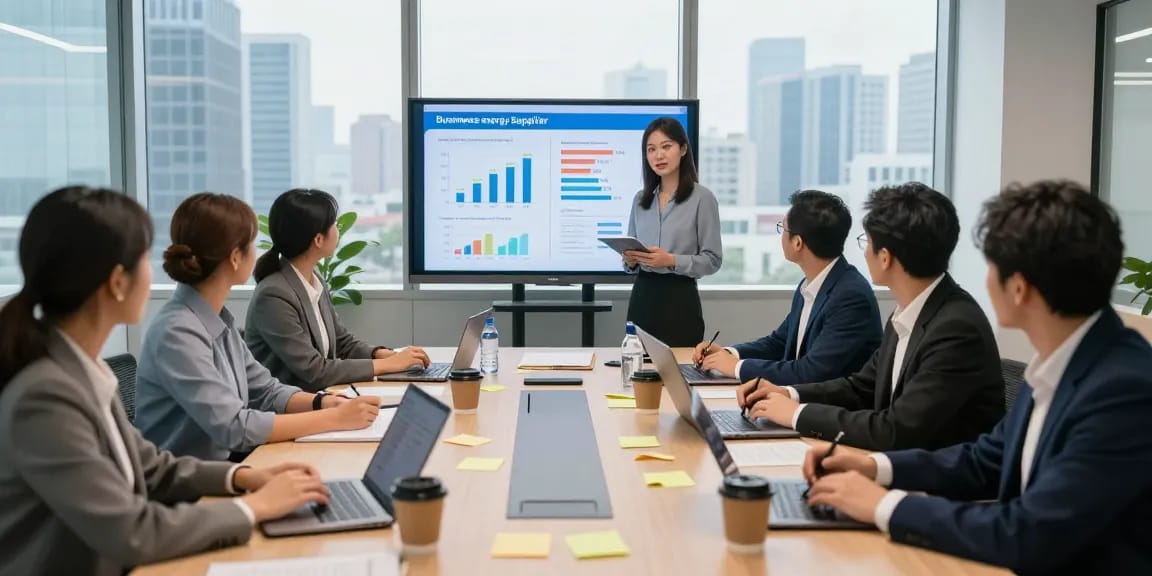 Team collaboration in a conference room discussing how to switch business energy supplier for better rates in 2026.
