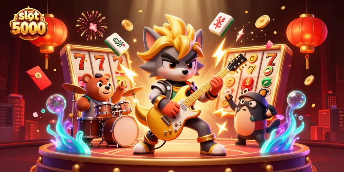 Slot deposit 5000 menyajikan ilustrasi 3D berwarna cerah dengan karakter permainan kasino yang dinamis.