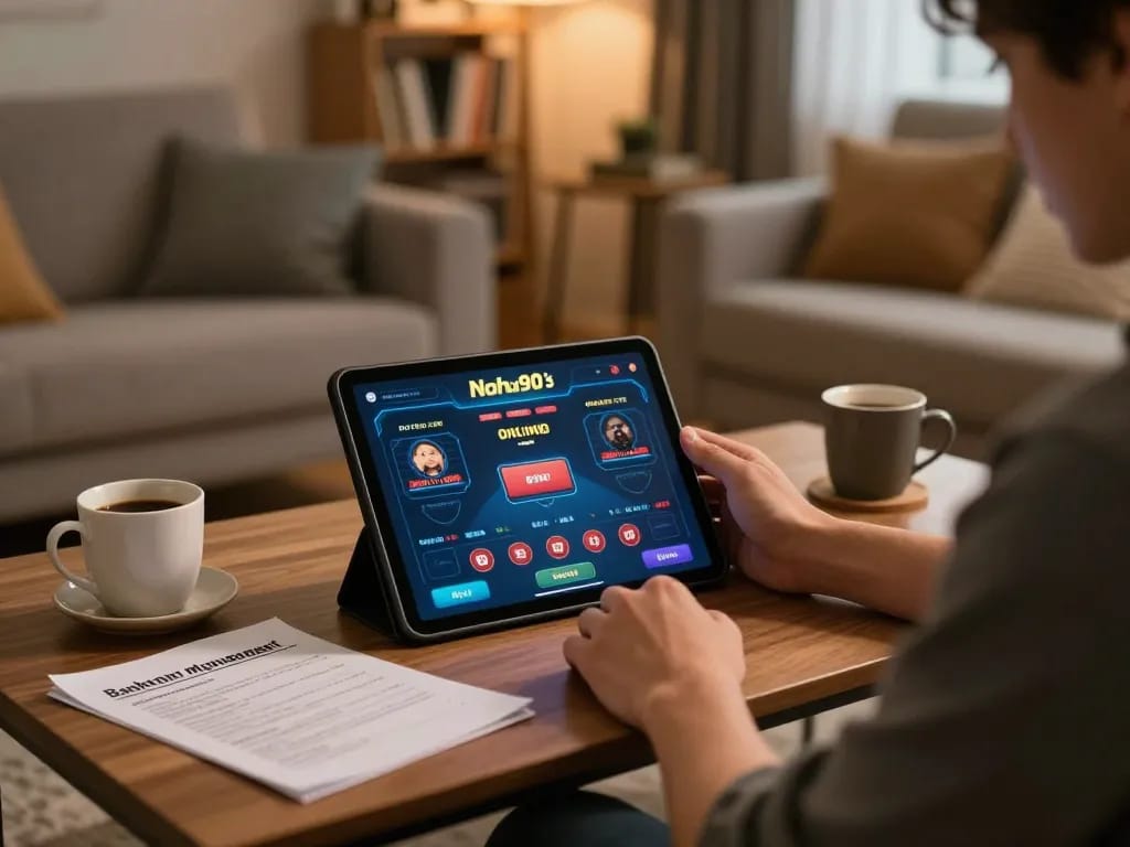 Nohu90 user engaging in strategic online gambling session at home, with notes and possessions around.