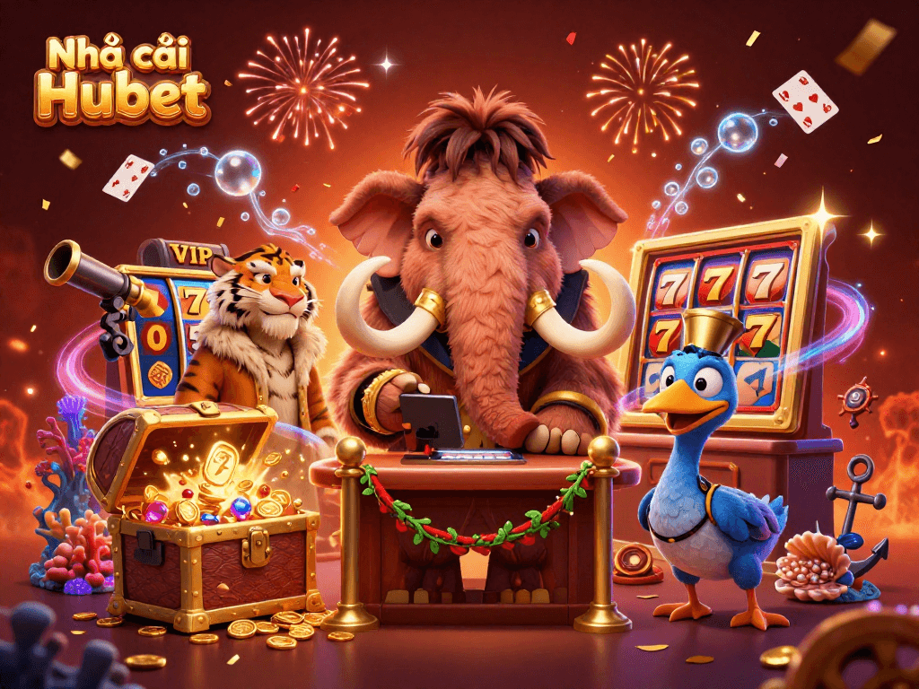 Nhà cái Hubet offers an exclusive gambling experience featuring dynamic elements like slot reels and stunning characters.