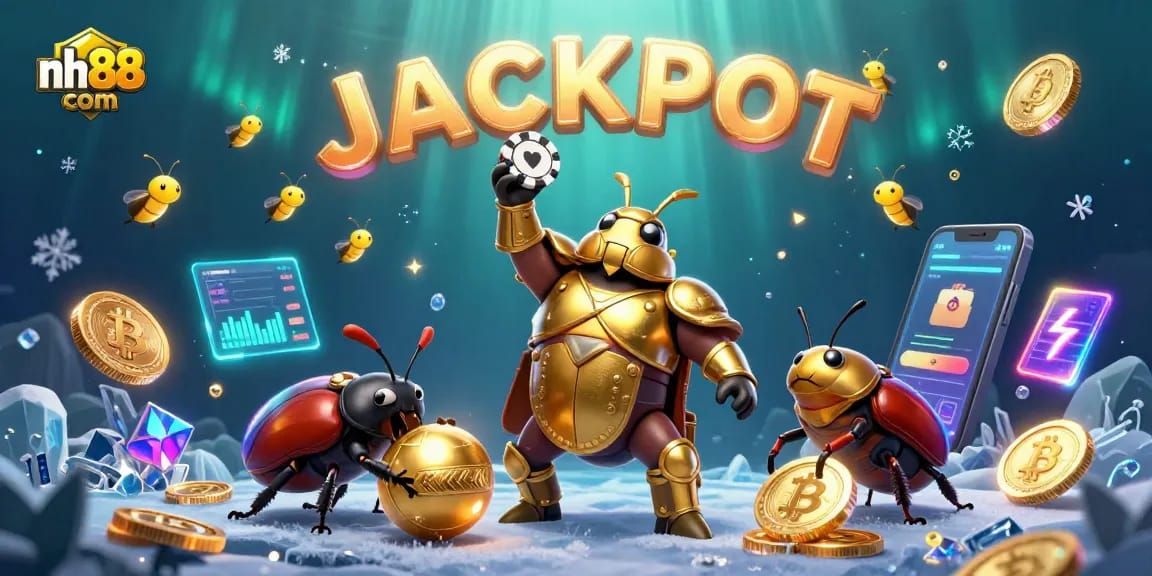 Experience exciting gameplay at nh88 com with a heroic beetle lifting a poker chip in victory.