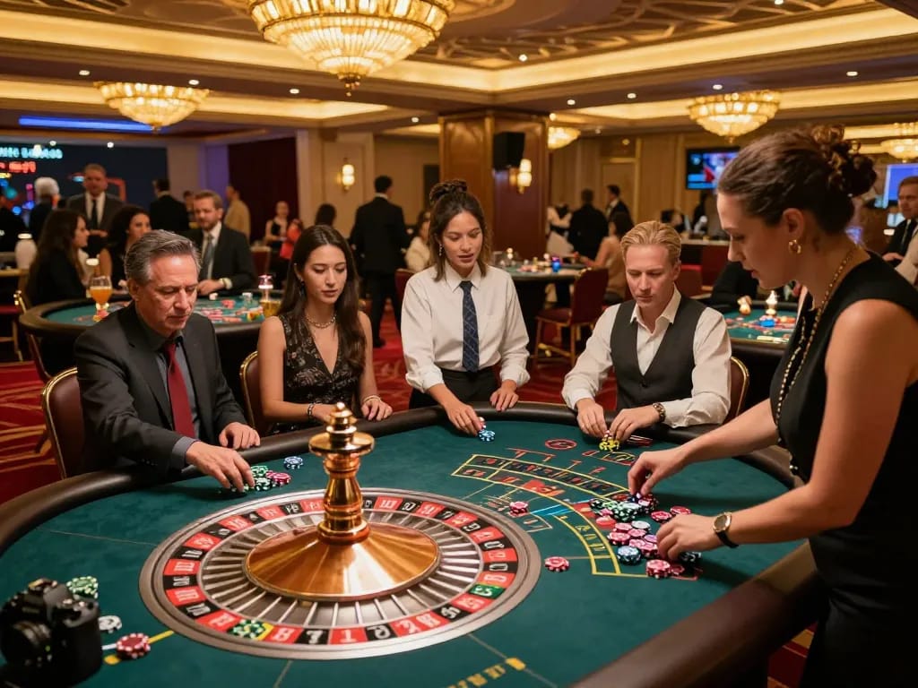 Players eagerly placing bets at a 9bet roulette table in a luxurious casino.