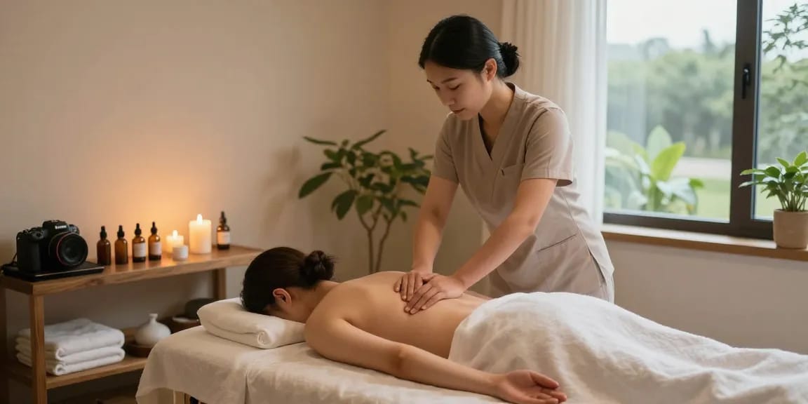 스웨디시 마사지 테라피를 받는 고객의 편안한 모습과 아로마 오일, 식물 배치로 편안한 분위기를 연출한 마사지 스튜디오의 장면.