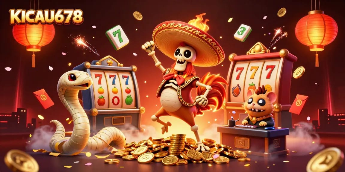 KICAU678 celebrates a win with a joyful scene featuring characters on golden coins and slot machine elements.