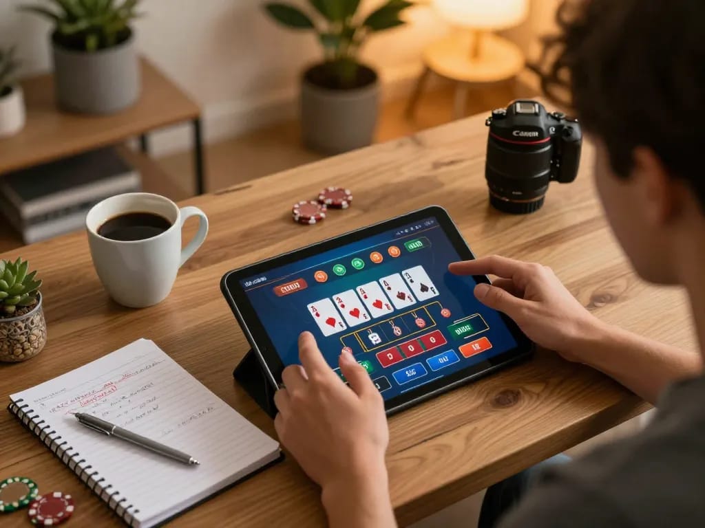 Player enjoying online blackjack at home with tablet, engaging in strategic bets at 789 casino