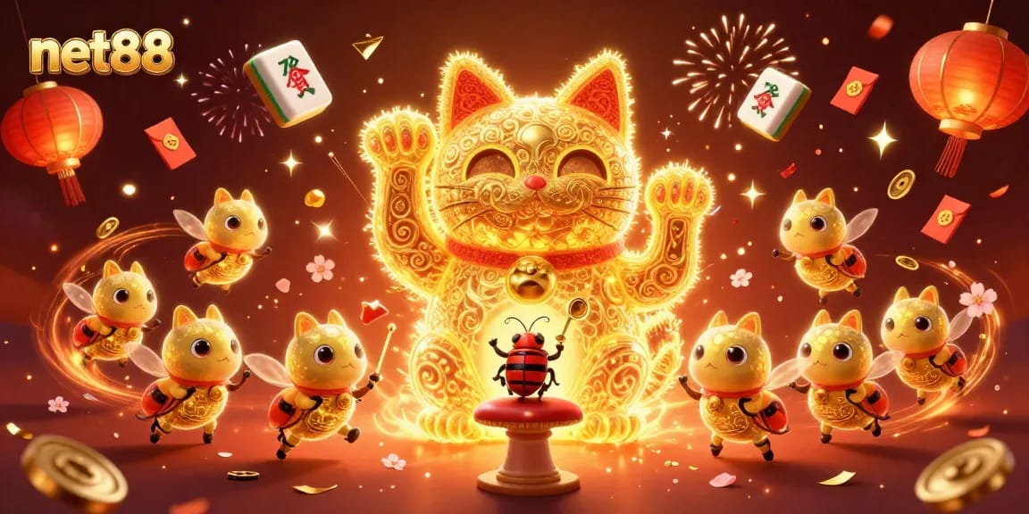 Engage with net88's vibrant casino experience through animated golden fireflies and lucky symbols.