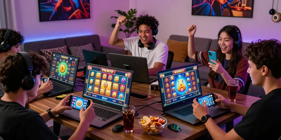 Exciting group of players celebrating their wins while enjoying deposit pulsa tanpa potongan slots online in a vibrant gaming atmosphere.