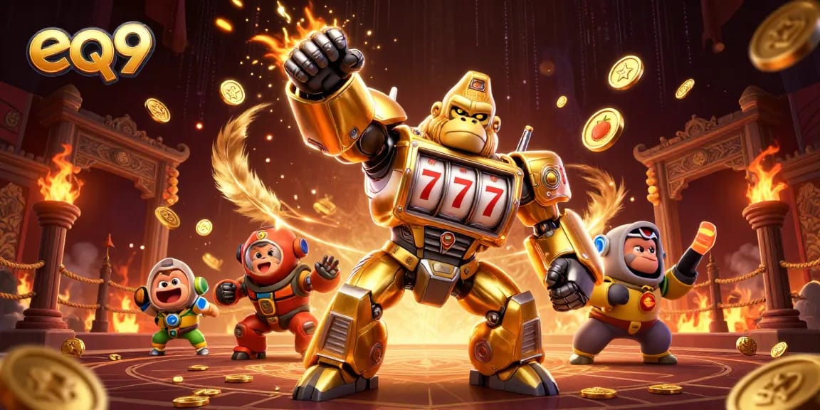 Engage in thrilling gameplay with eq9's dynamic golden gorilla mech exploding coins and vibrant casino elements.