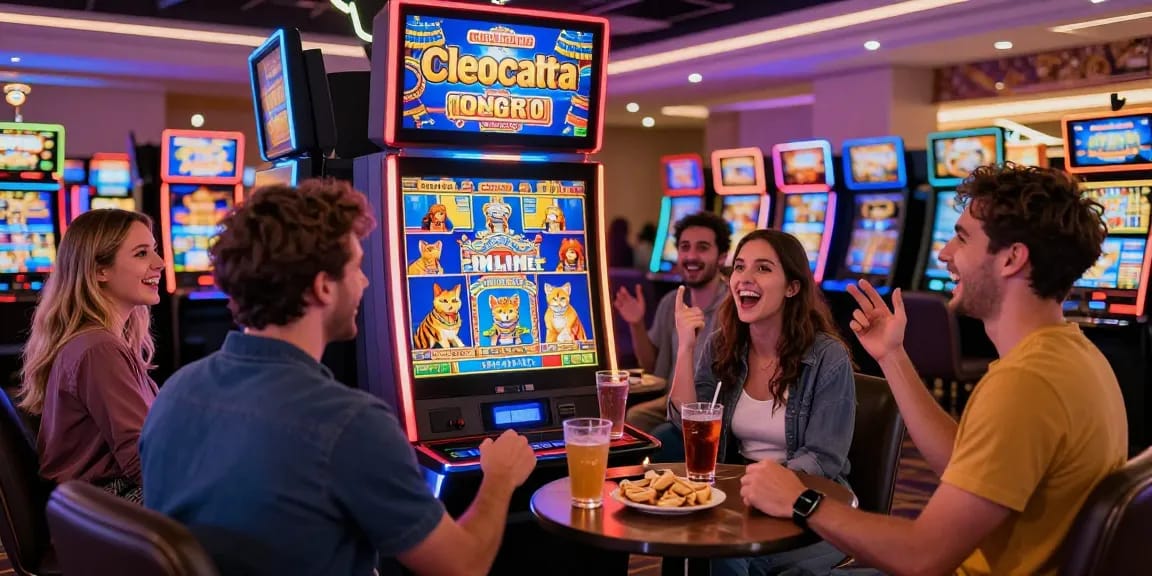 Friends enjoying Cleocatra jogar online at a lively casino slot machine scene.