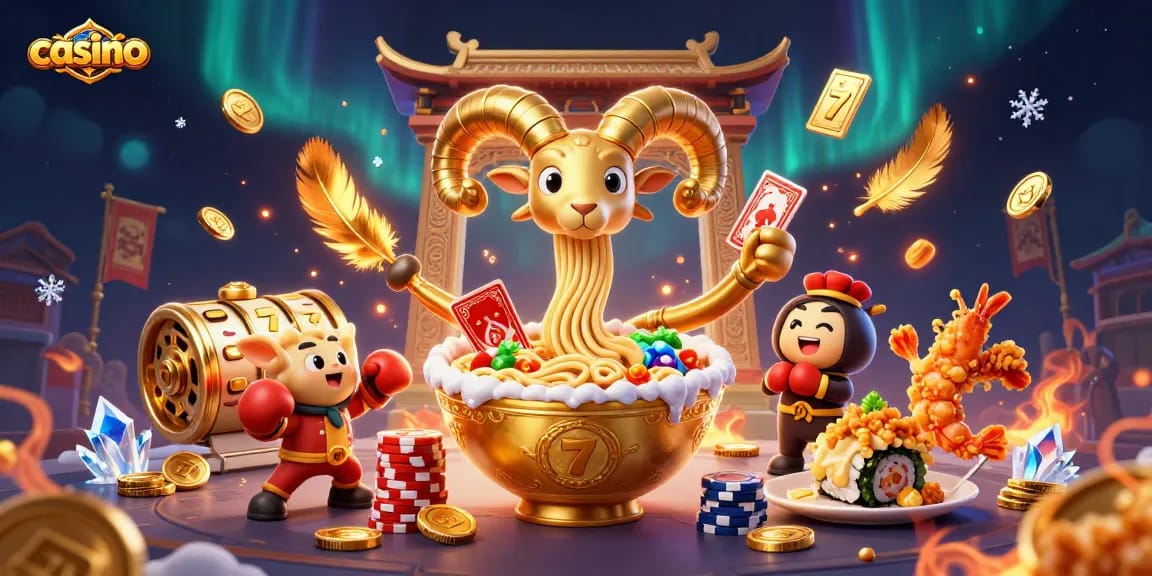 Casino scene with a golden ramen bowl dealing cards and stacking chips, embodying excitement and fun.