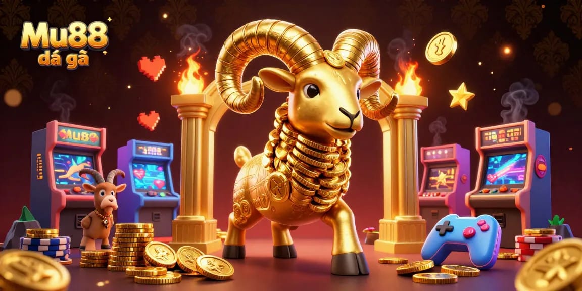 Experience thrilling Mu88 đá gà action with a golden ram charging through a casino arena.