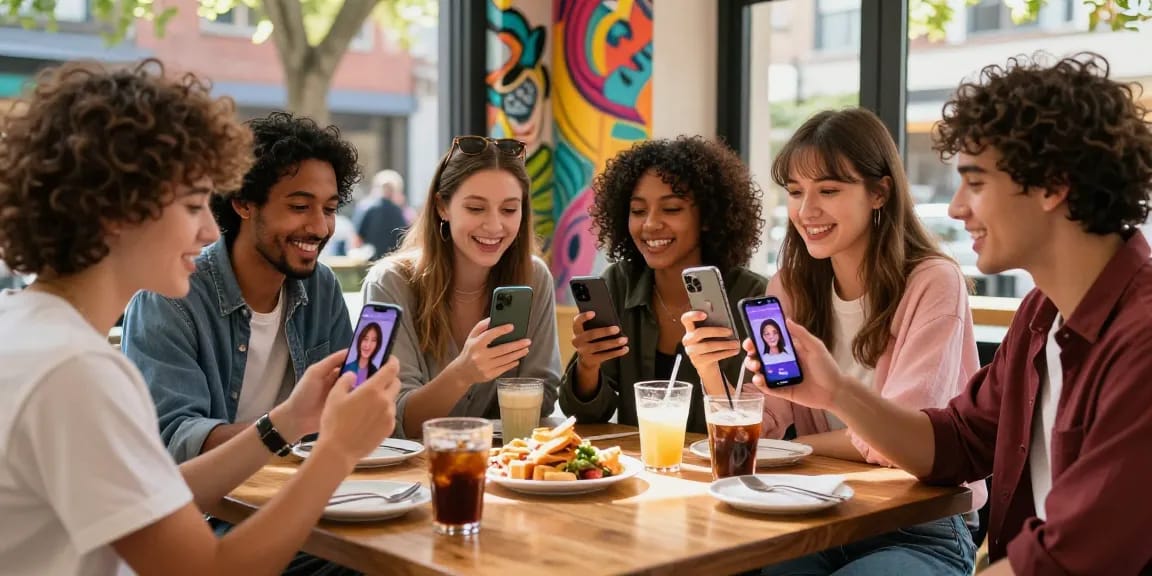 Friends at a café excitedly discovering celebs I look like through an AI app, enjoying their celebrity matches together.