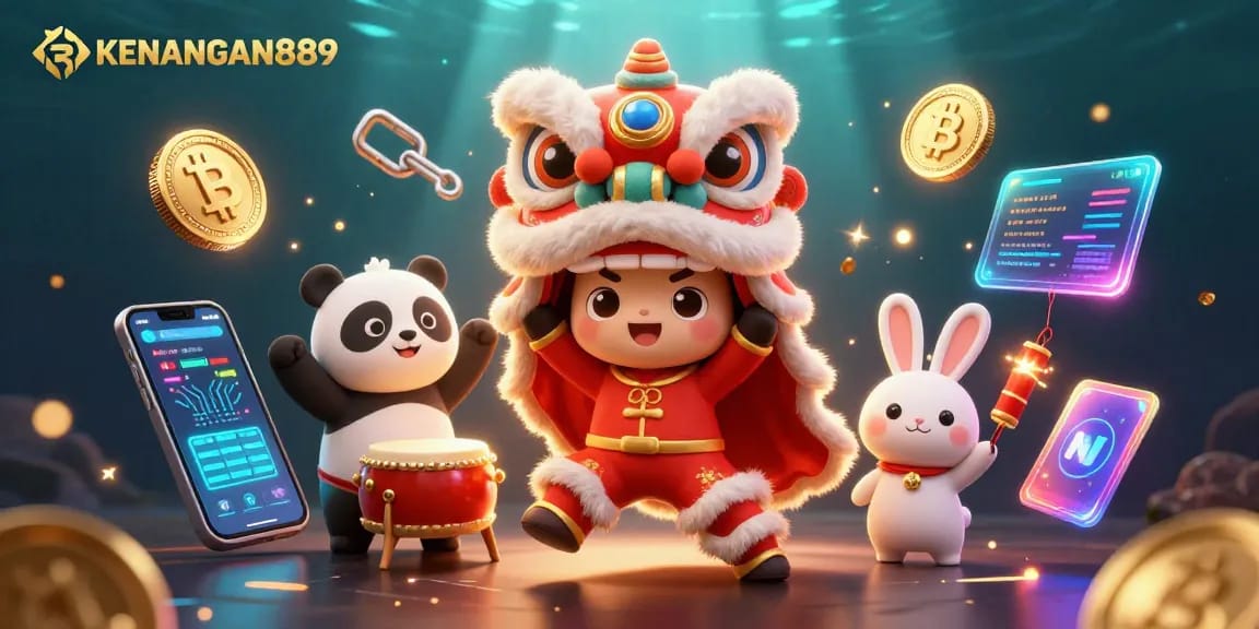 Engage in thrilling gameplay with KENANGAN889 in a vibrant 3D casino illustration featuring festive characters.