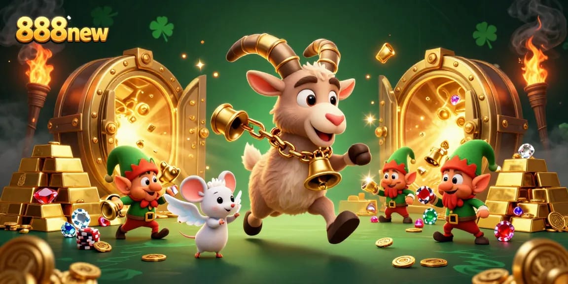 Experience thrilling gameplay at 888new with a vibrant cartoon casino scene full of treasure!