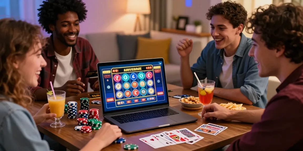 Group enjoying games at jumpspace.org.uk credit card casino in a vibrant home setting