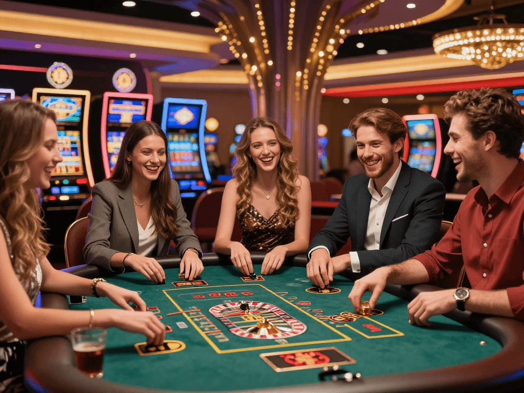 Un gruppo di amici che si diverte nei migliori casino non AAMS con giochi da tavolo e atmosfera vivace.