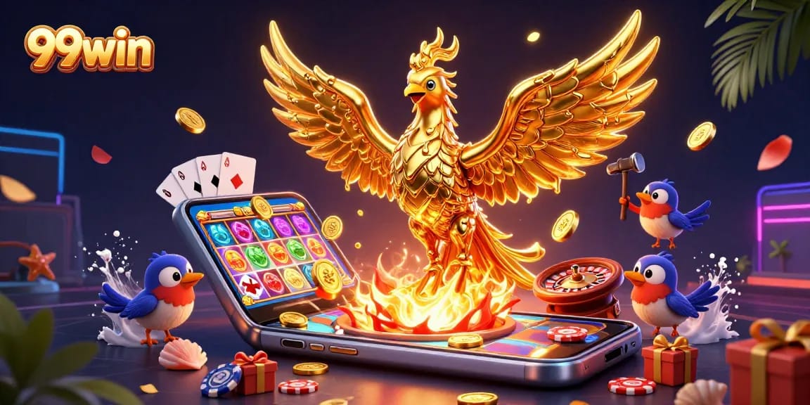 Engage with the 99win slot game featuring a golden phoenix and dynamic casino elements.