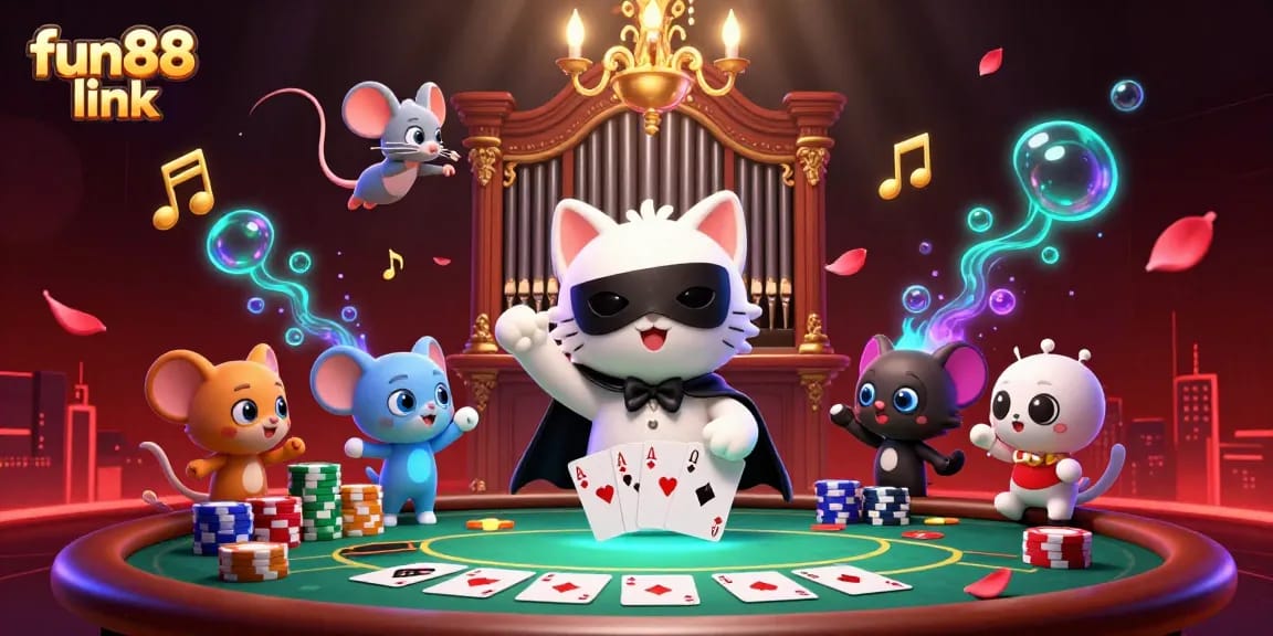 Experience thrilling gameplay with fun88 link as a vibrant casino scene unfolds, showcasing a playful cat and dynamic elements.