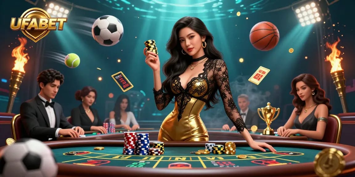 Experience UFABET's thrilling betting action with a glamorous baccarat setting and dynamic sports elements.