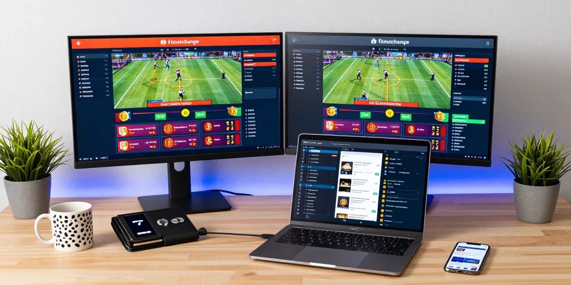 Funexchange gaming interface on dual monitors with secure blockchain transaction elements in a professional crypto workspace.
