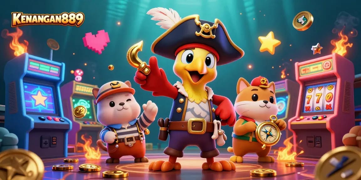 Experience KENANGAN889's vibrant casino adventure with a colorful scene of beloved game characters.