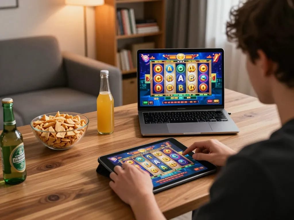 MM 88 player engaged in exciting slot game action on tablet in cozy gaming room