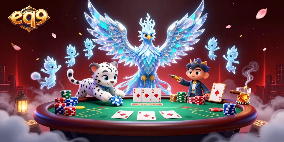 Experience thrilling gameplay at eq9 with a vibrant 3D illustration of an ice phoenix and poker elements.
