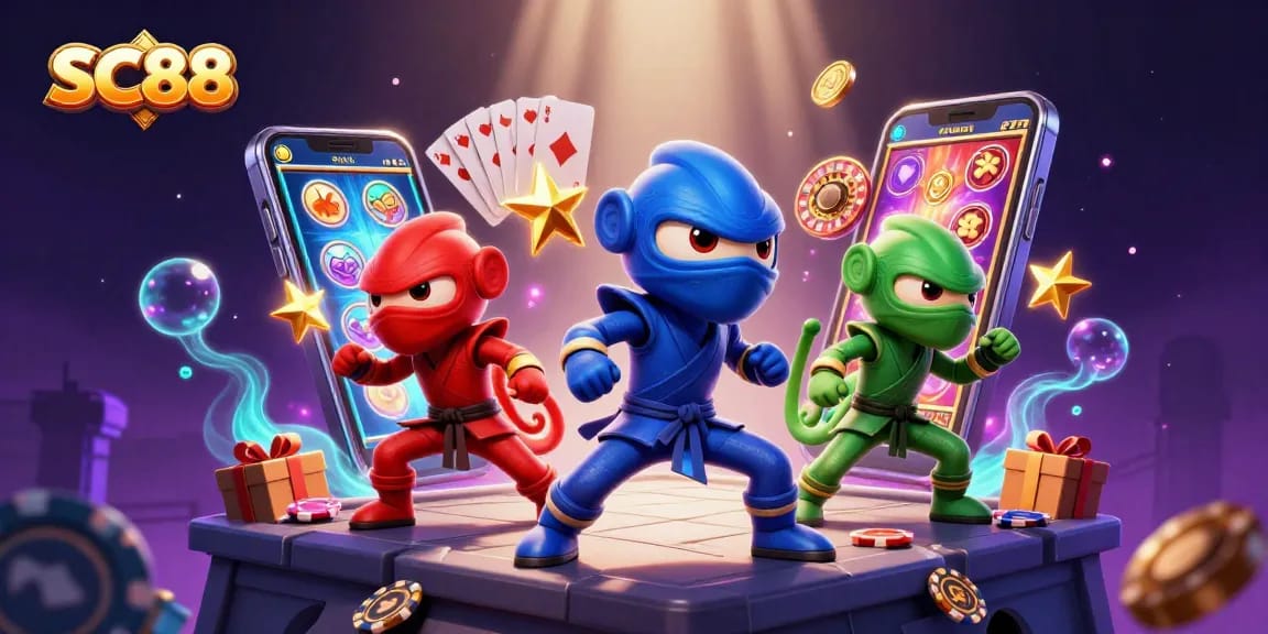 Engage with SC88's vibrant slots as ninja chameleons perform on a rooftop with spinning reels and golden coins.