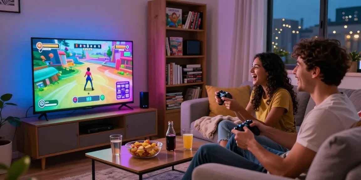 Immerse yourself in a vibrant sex game online experience with a couple enjoying interactive gameplay in a cozy living room.