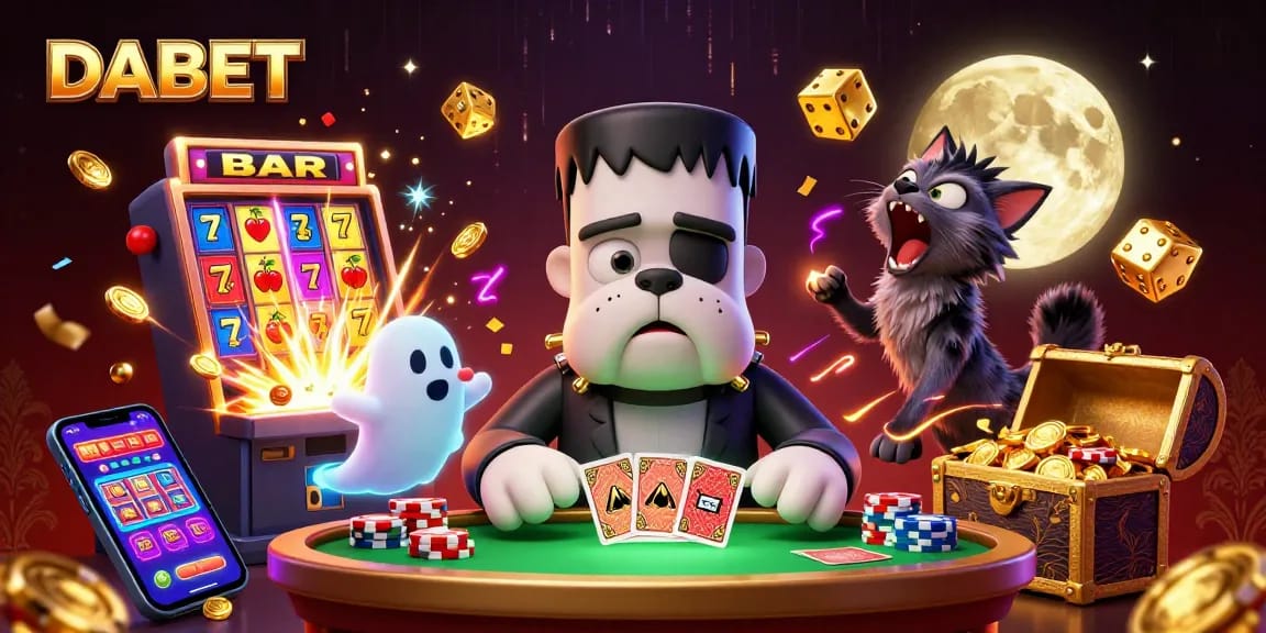 DABET offers thrilling casino games illustrated with a cartoon bulldog monster and ghost mouse.