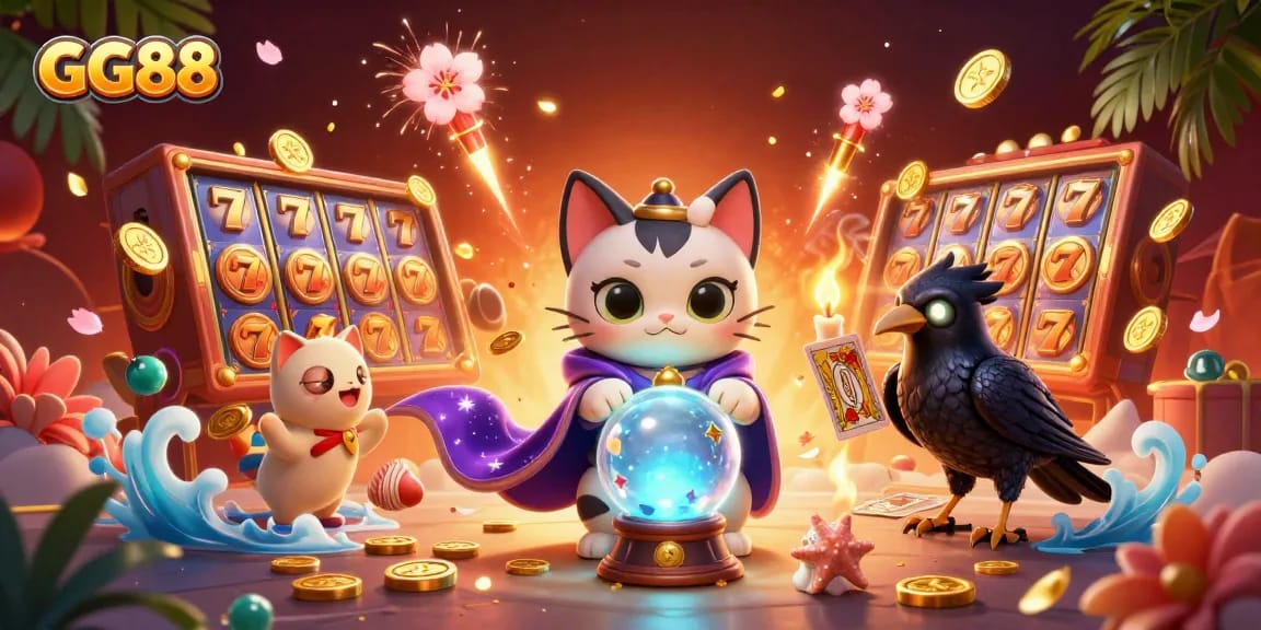 Engage with GG88's vibrant casino world featuring animated characters and gaming elements.