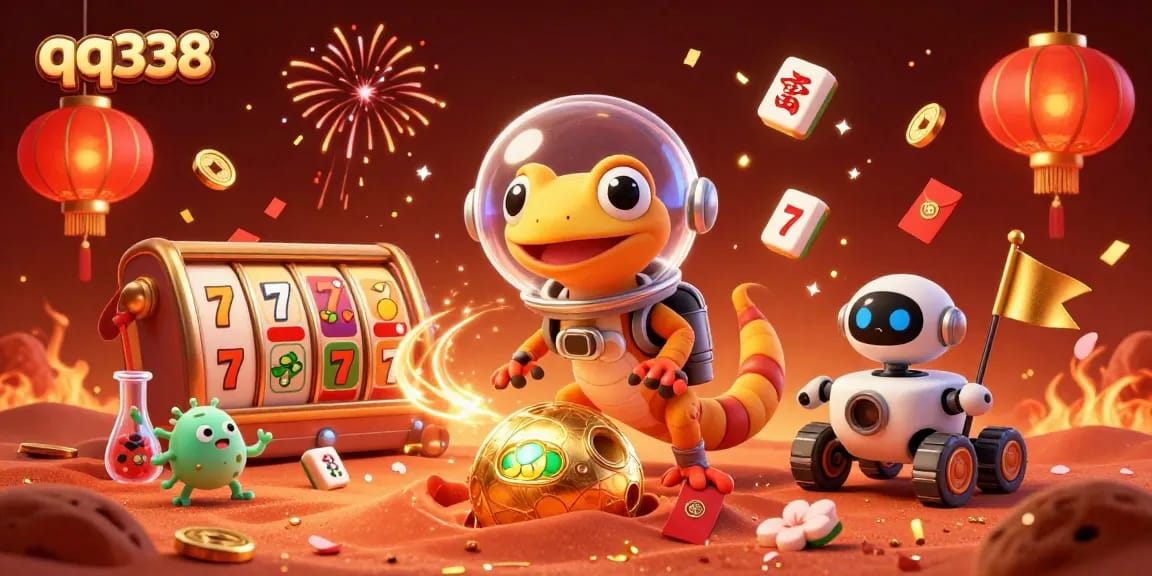 Experience the thrill of gaming at qq338 with vibrant 3D illustrations of a Martian gecko in a casino adventure.