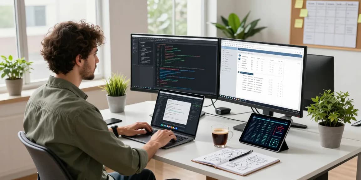 Build internal tools with AI in a dynamic workspace, featuring a developer coding, dual monitors, and a bright, organized office.