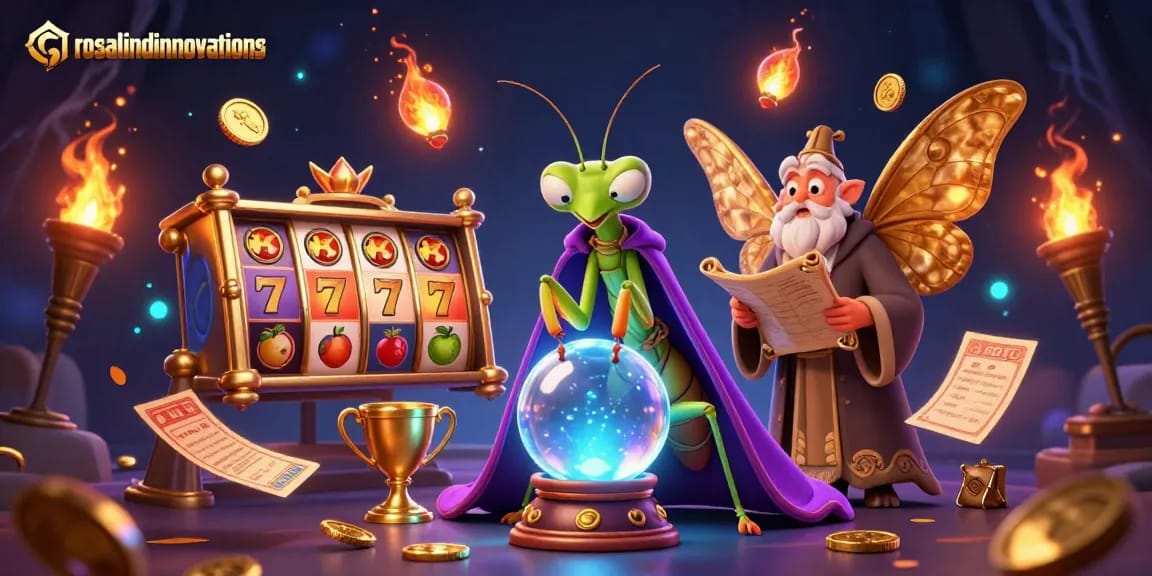 Experience thrilling slots at rosalindinnovations with a vibrant 3D casino illustration featuring fortune tellers and jackpot symbols.